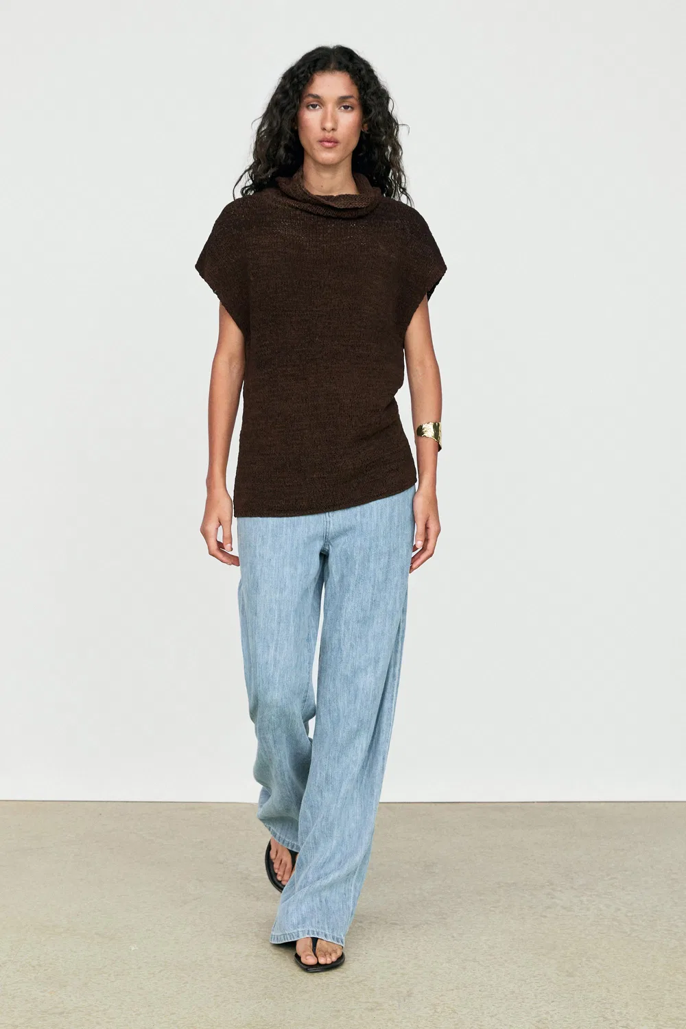 Вязаный кожаный трикотажный топ Massimo Dutti, коричневый