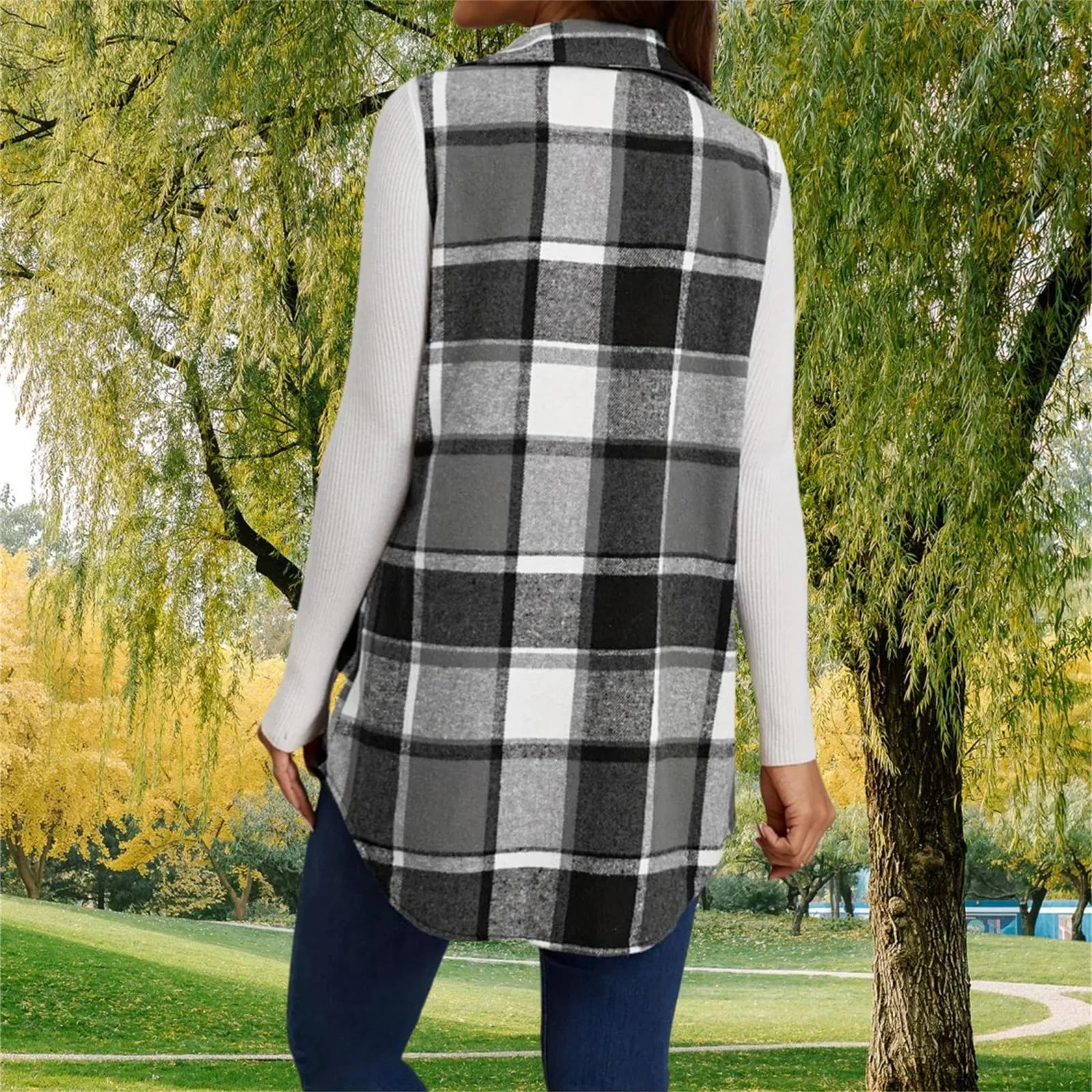 Женский жилет с принтом Plaid Gilet Button Down Senza Maniche Camicia Giacca, rosa — фото 4