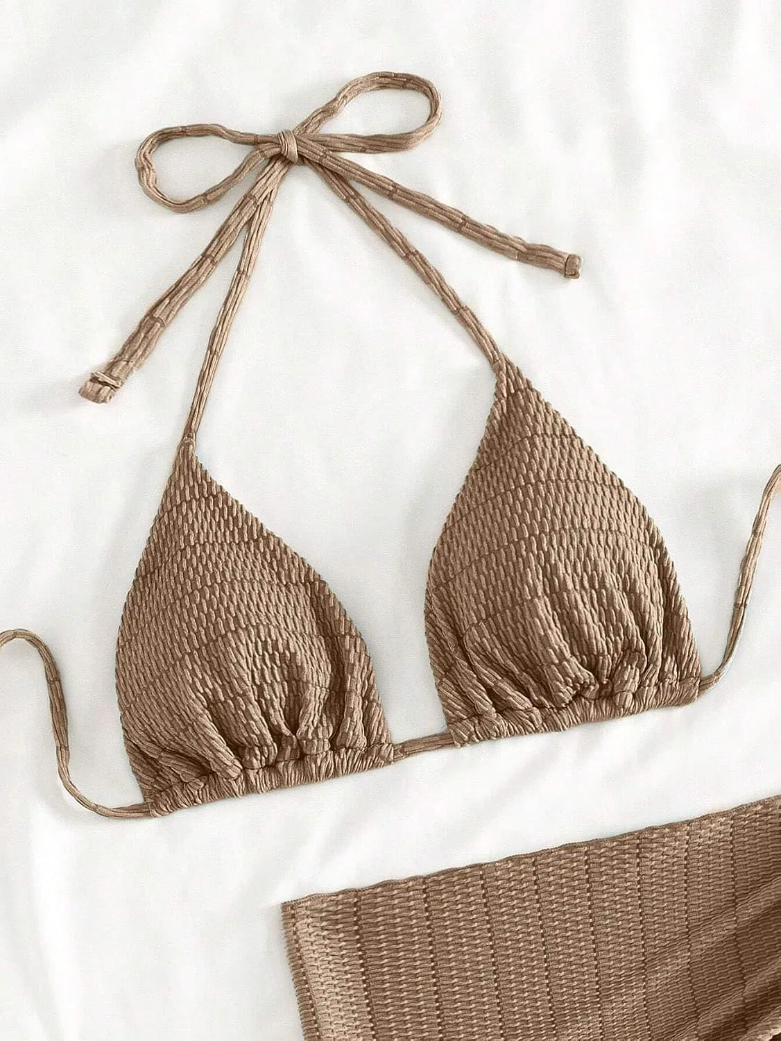 Женский бикини-комплект с высокой талией, завязками на спине и юбкой, Khaki — фото 4