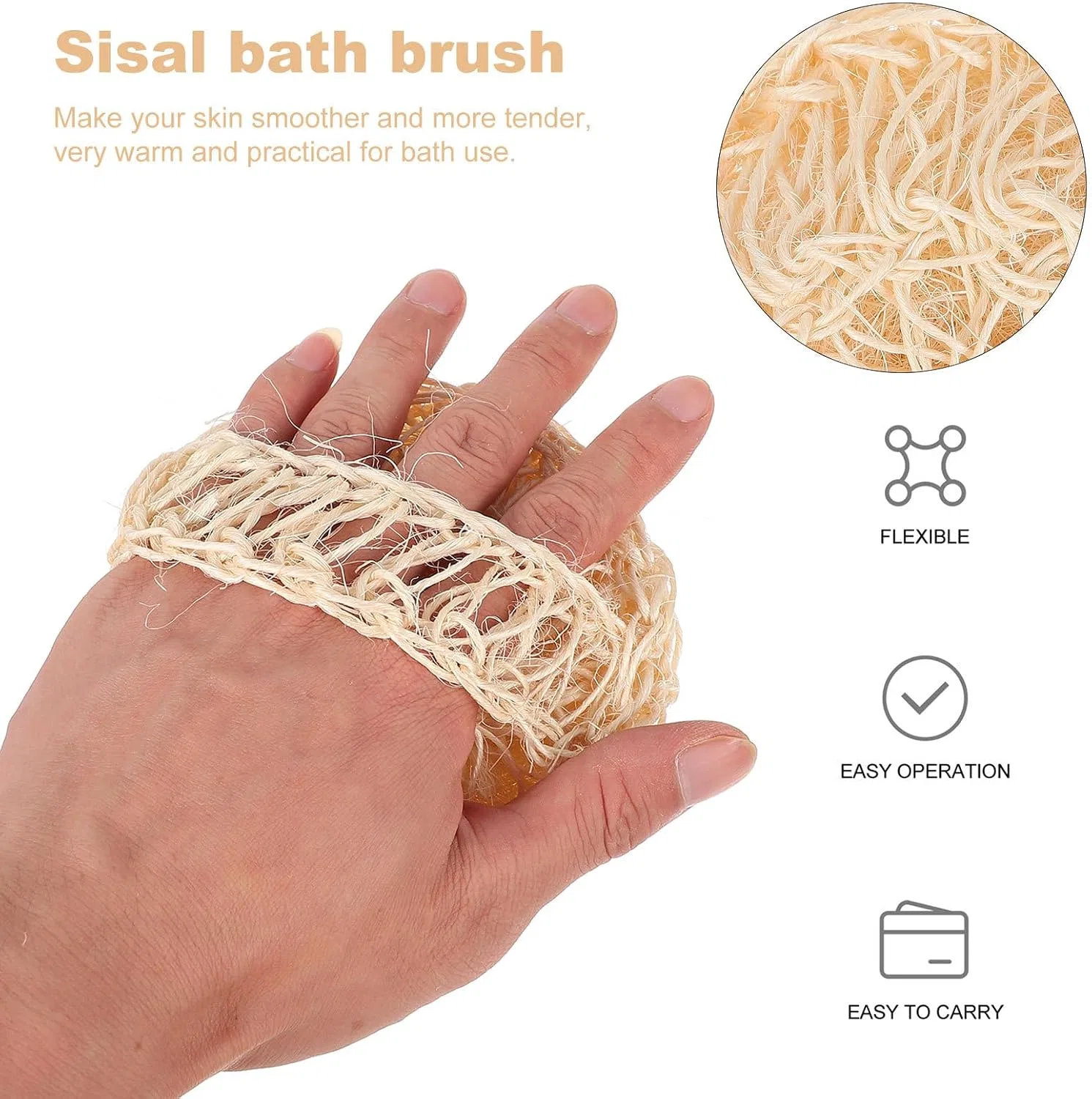 Щетка для тела из сизаля для мягкого пилинга, 2 шт, овальная, ROMISBABA, Beige — фото 3
