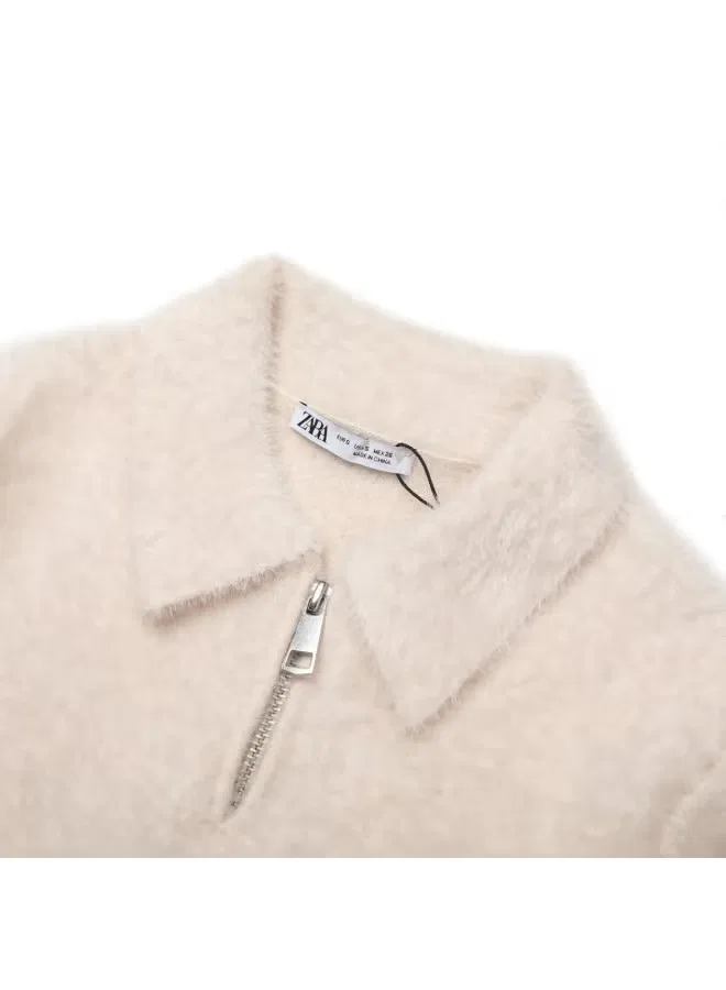 Топ вязаный с полузамком и воротником-стойкой Zara, белый — фото 4
