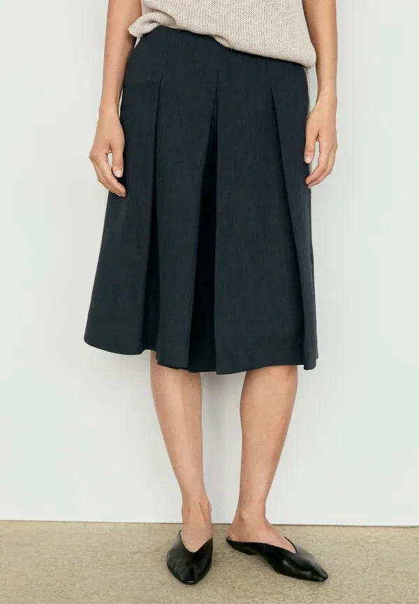 Юбка плиссированная из вискозы и льна Pleated skirt Massimo Dutti, dark blue, темно-синий