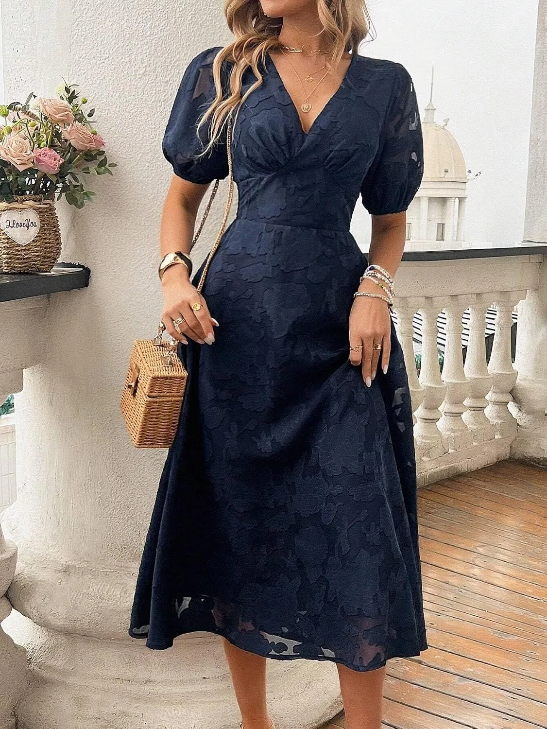 Женское повседневное миди-платье V-образным вырезом, Navy Blue — фото 3