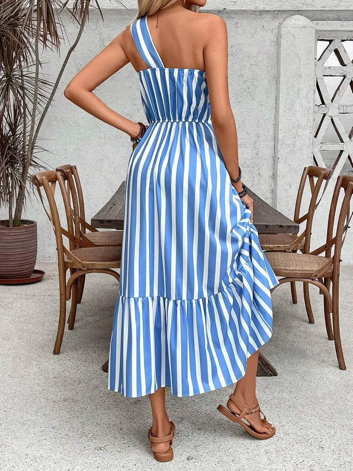 Женское платье А-силуэта с запахом, полосками, без рукавов, Blue and White — фото 2