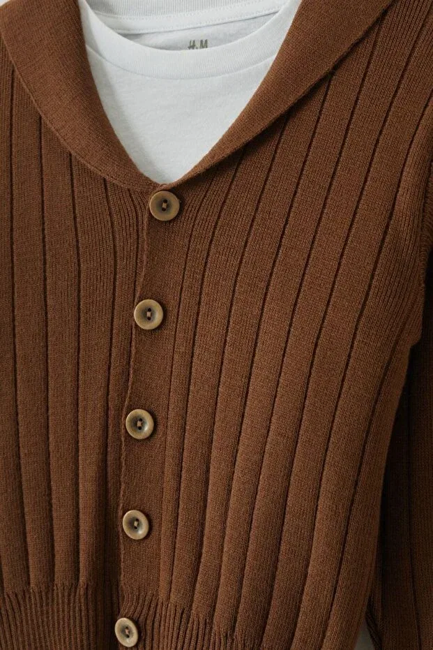 Детский кардиган с асимметричным воротником, Collared knitwear cardigan, Nazhankids, Brown — фото 4