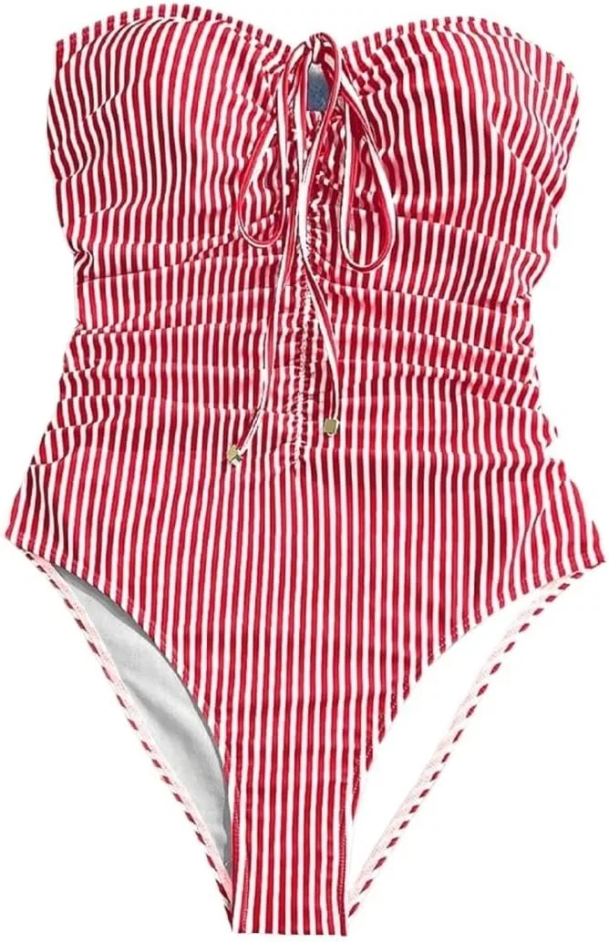 Женский купальник слитный с вырезами и драпировкой Striped, Red and White — фото 3