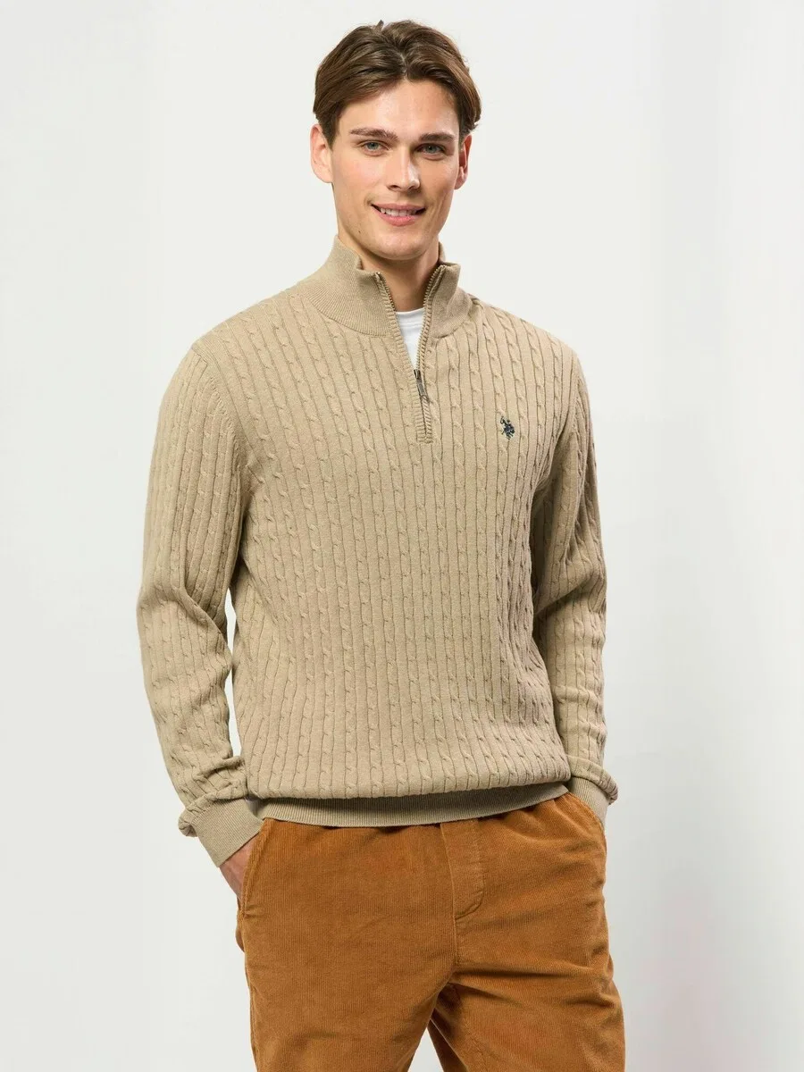 Свитер U.S. POLO ASSN. 'UMRomeo Half-zip' в бежевом цвете с пятнистым рисунком — фото 2