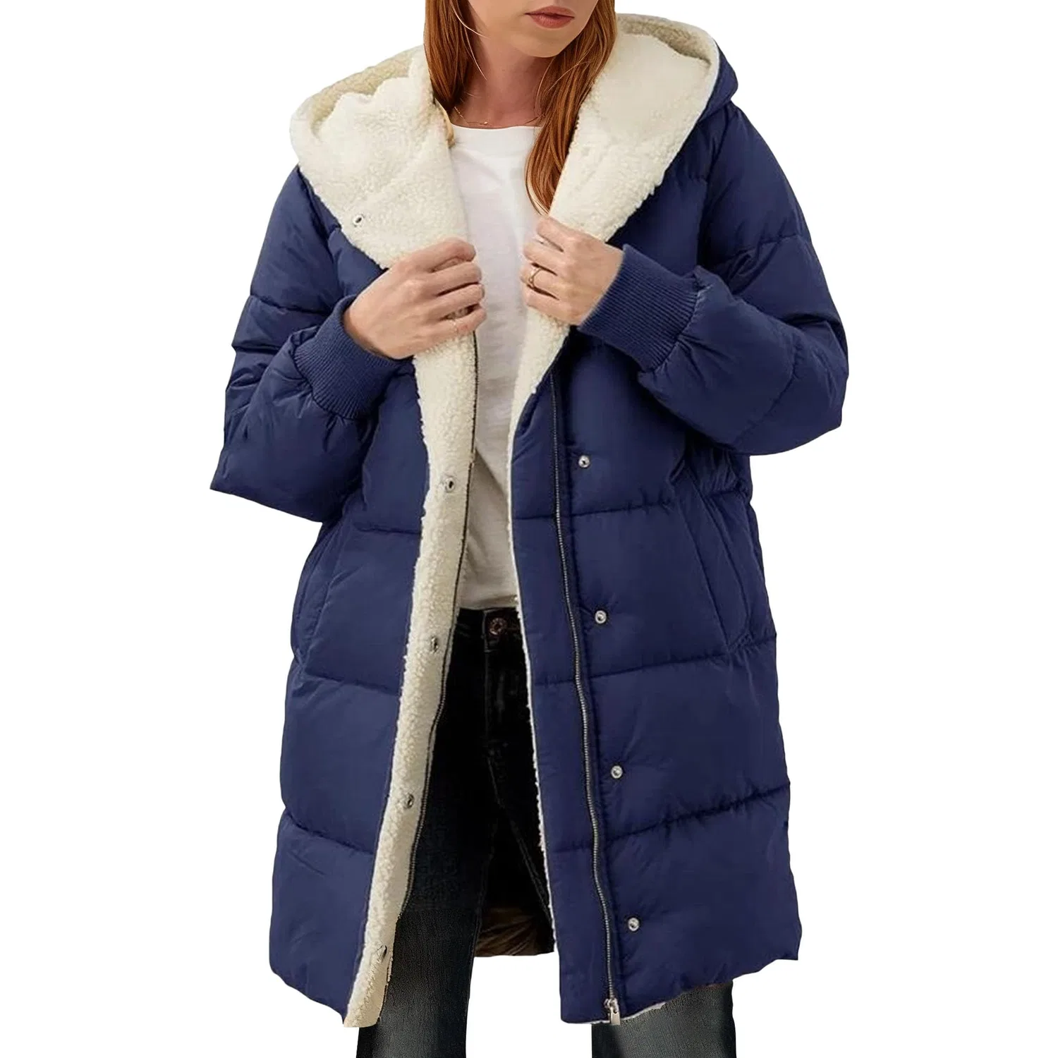 Женское зимнее пальто оверсайз из овчины с капюшоном, Blu navy