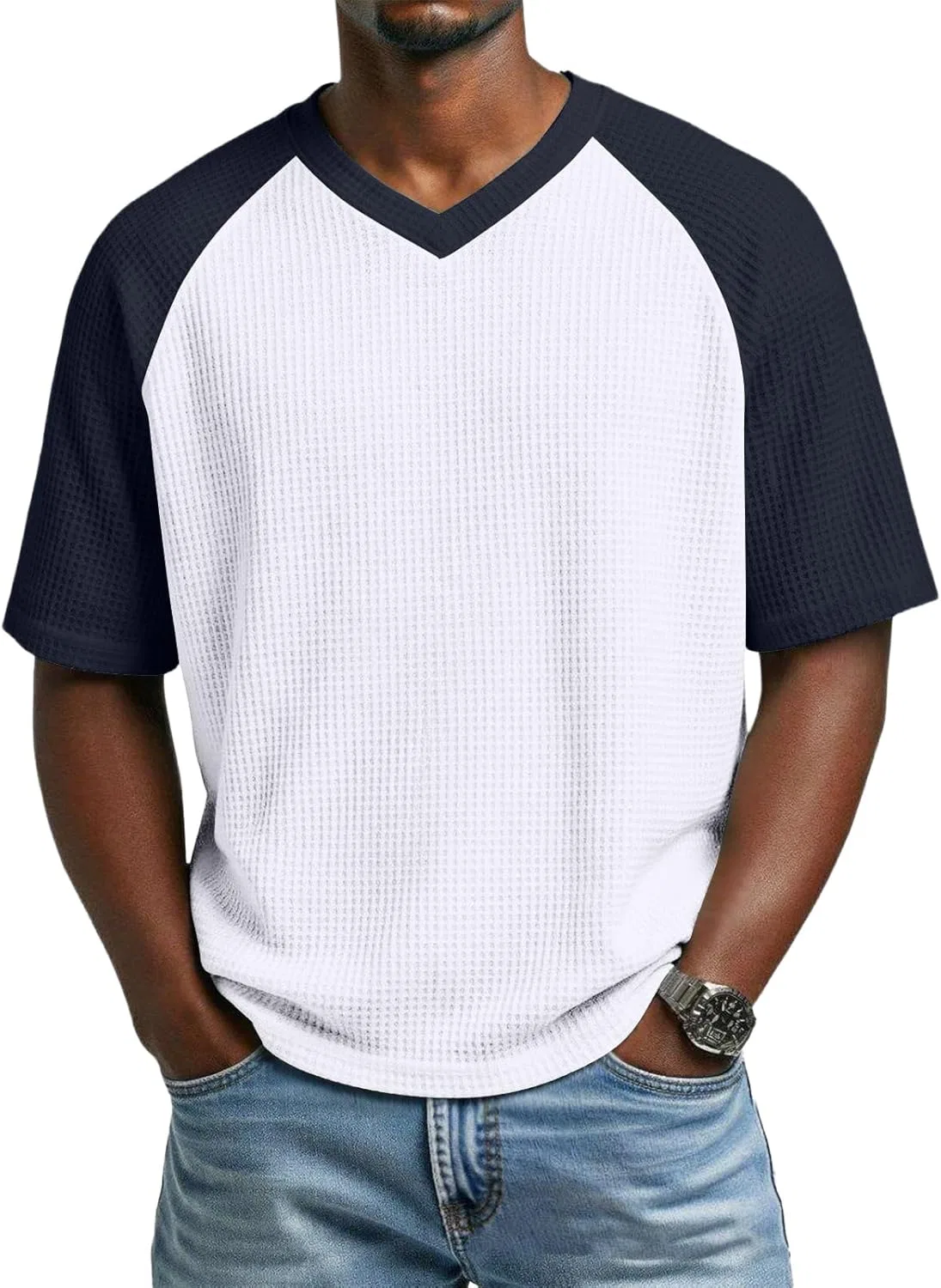 Мужская футболка с вафельной текстурой Summer Short Sleeve V Neck, White — фото 2