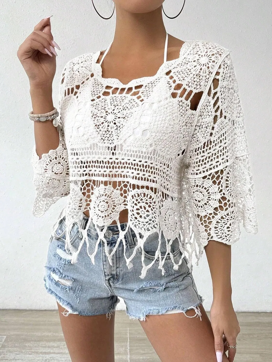 Женская пляжная туника с круглым вырезом Knit Hollow Out, White — фото 4
