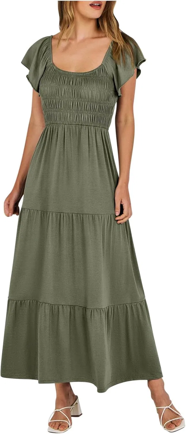 Женское летнее платье с воланами и эластичной талией, Army Green