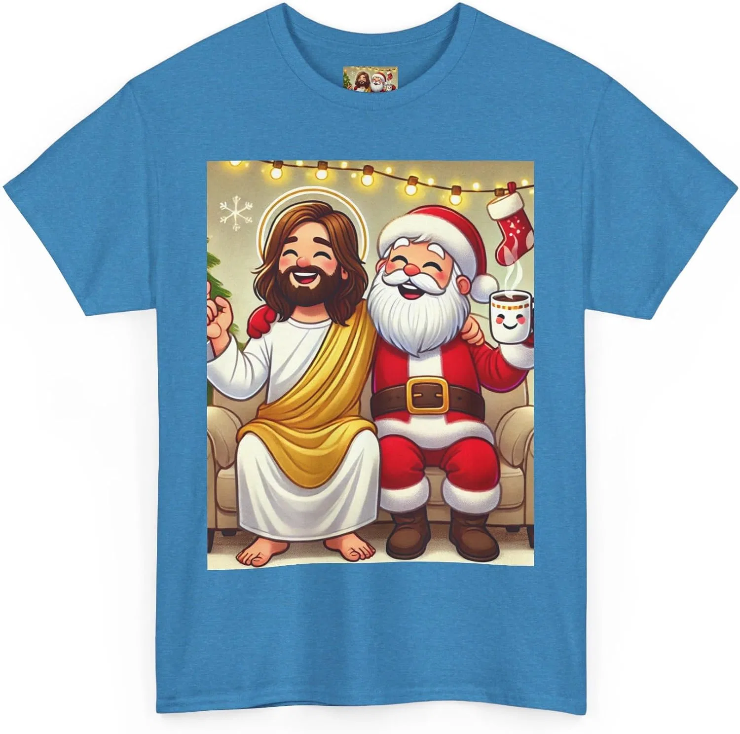 Женская футболка с принтом Funny Santa Jesus Hanging Out, сапфировый меланж — фото 3