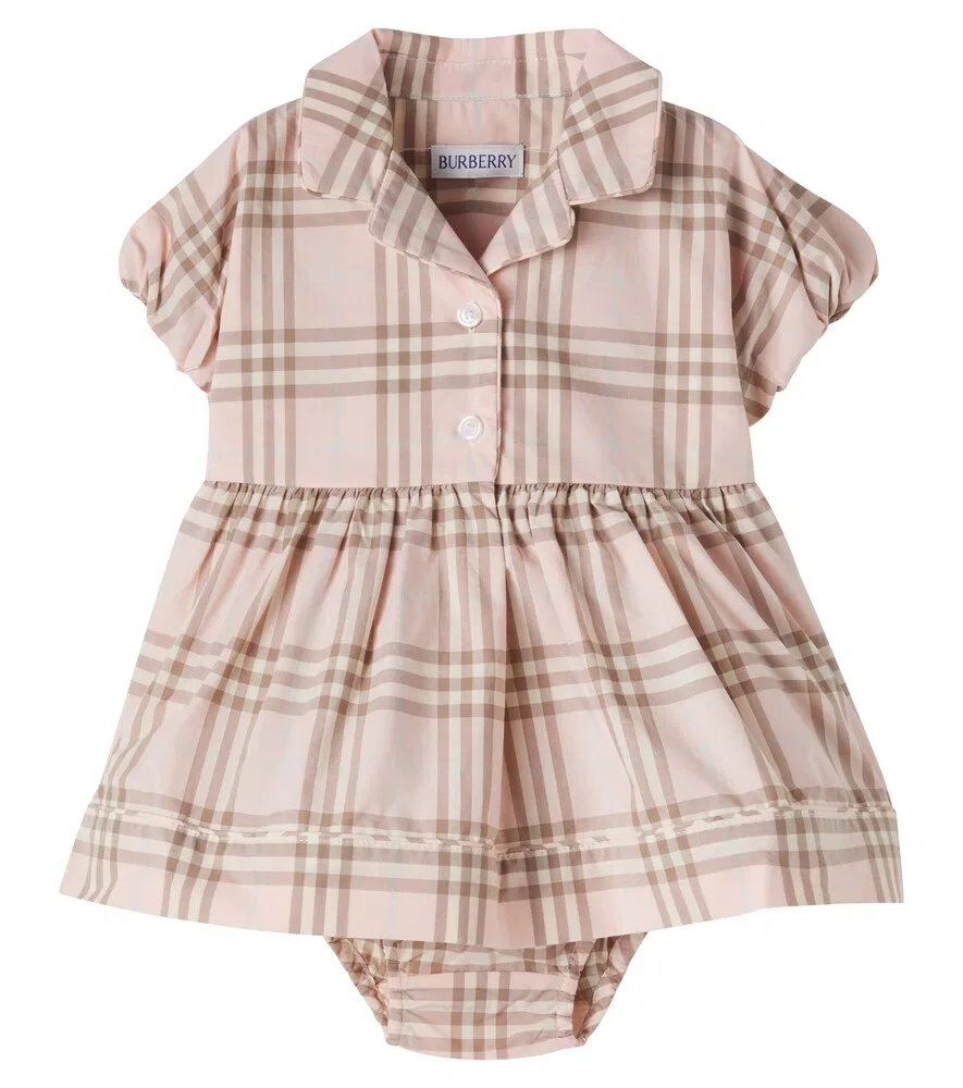 Детский полосатый хлопковый комплект: платье и панталоны Burberry Kids, розовый