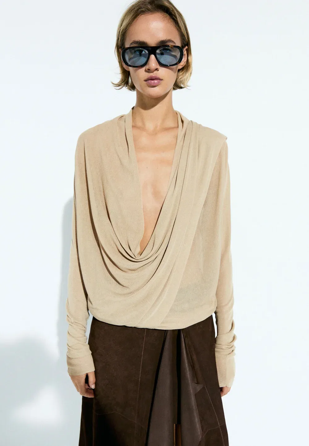 Вязаный кардиган с драпировкой и эффектом запаха - кардиган Massimo Dutti, Sand