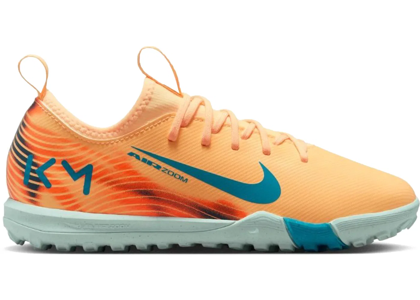 Детские кроссовки для мальчиков с принтом Nike Zoom Mercurial Vapor 16 Academy TF Kylian Mbappé Nike, Melon Tint/Igloo/Neo Turquoise
