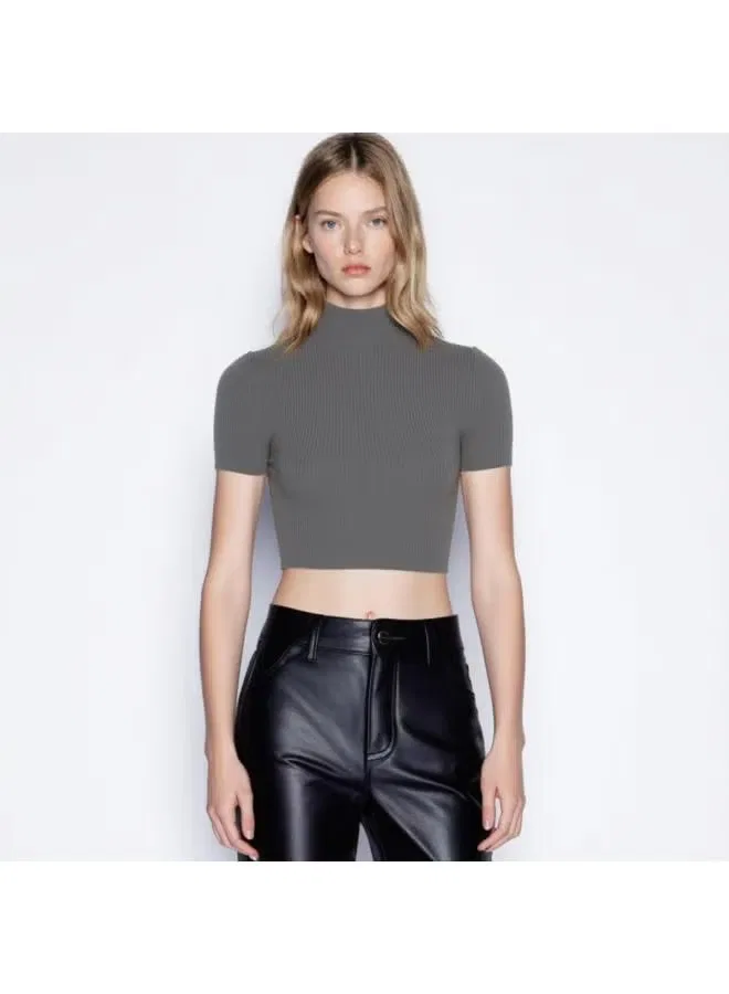 Топ вязаный с коротким рукавом полугорловина Zara, темно-серый — фото 2