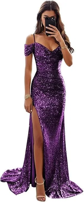 Женское вечернее платье с пайетками V-neck, Purple