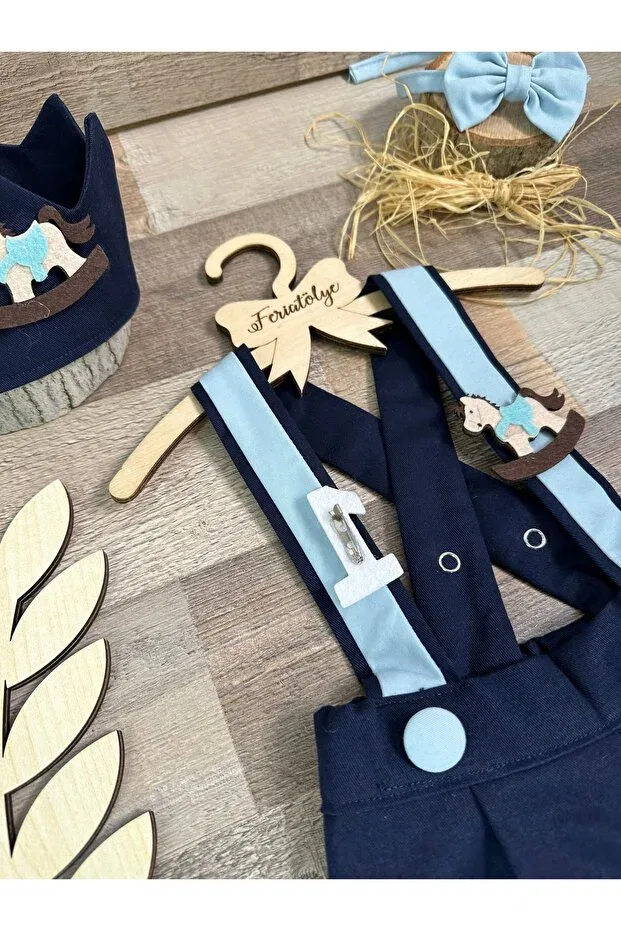 Детский комбинезон для мальчиков с принтом Handmade carousel concept navy blue baby boy 1 year old crown pants salopet bow tie set Feriatolye, Navy Blue — фото 3
