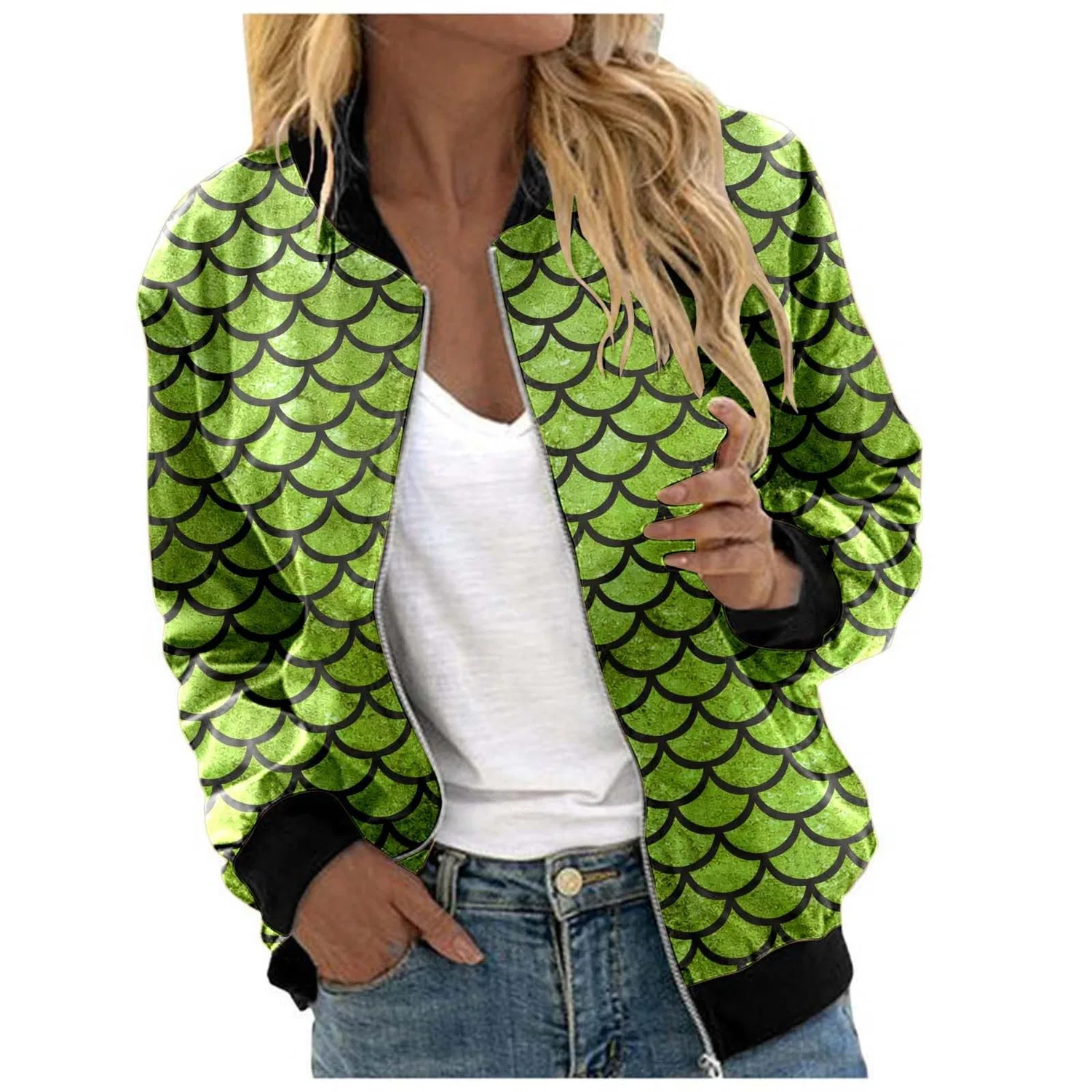 Женская куртка с принтом чешуи, модель bomber, Verde Chiaro