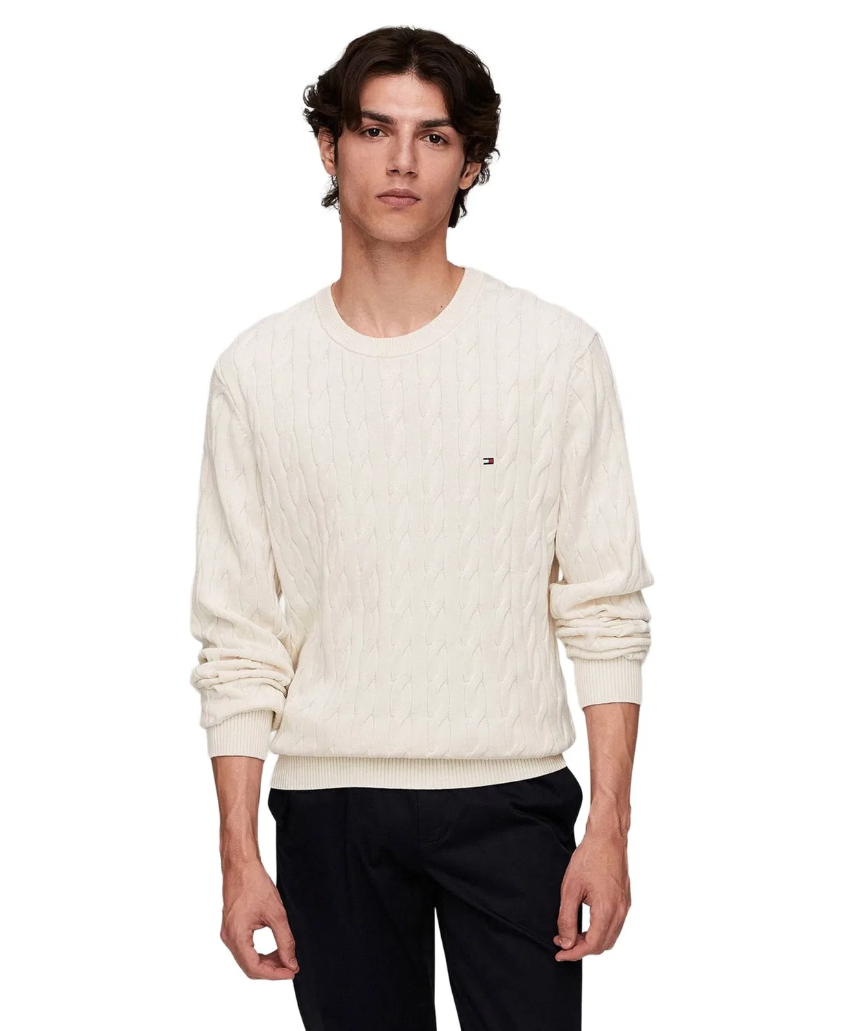 Свитер классический кабельный с круглым вырезом Tommy Hilfiger белый