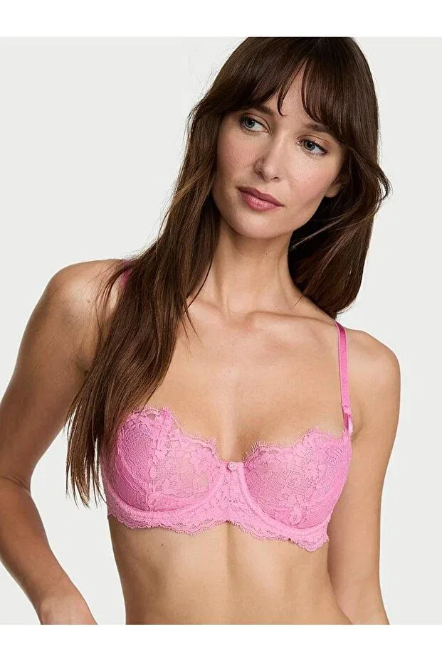 Женский бюстгальтер кружевной с вышивкой Wicked unpadded lace balconette bra Victoria'S Secret, Powder Pink
