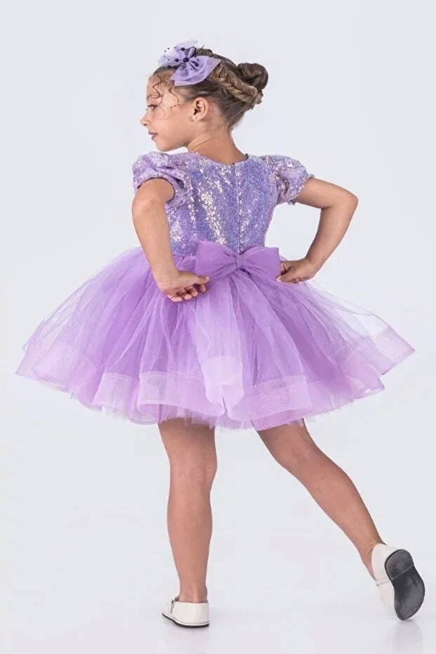 Детское платье для девочек с пайетками Ballerina model sequin embroidered fluffy tulle girls' evening dress-party-birthday-ball-gown-show dress Dekubaby, Lilac — фото 3