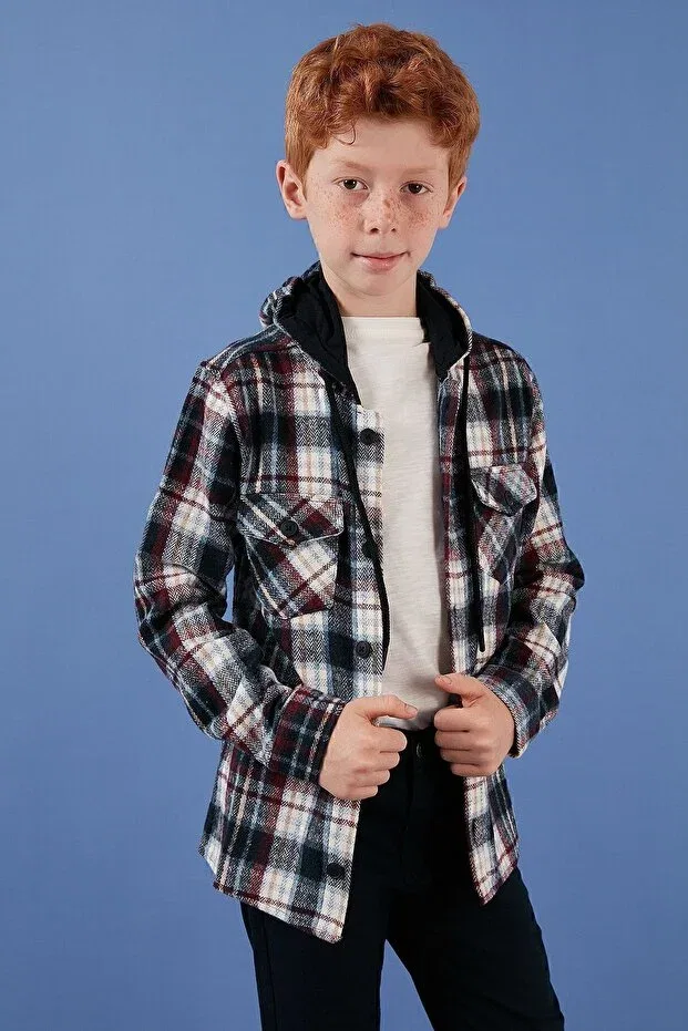 Детская рубашка для мальчиков с капюшоном Plaid Hooded Winter Lumberjack Shirt With Pockets Lela, Navy Blue — фото 4