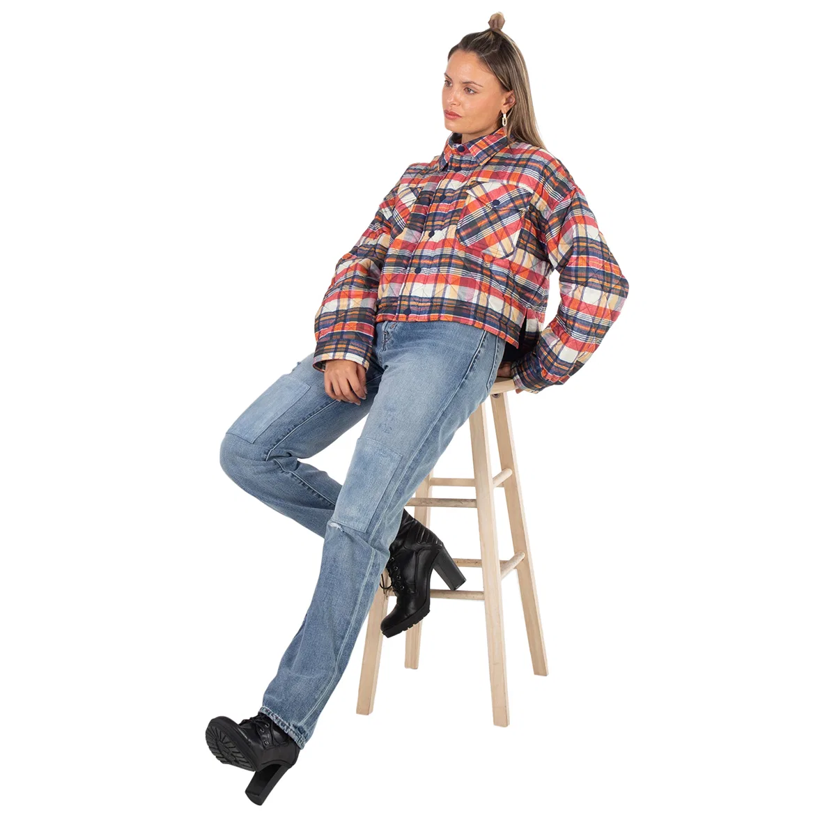 Куртка-бомбер стеганая в клетку Quilted Check Cropped Shell Jacket Polo Ralph Lauren, Blue/Red/Gold Multi — фото 4