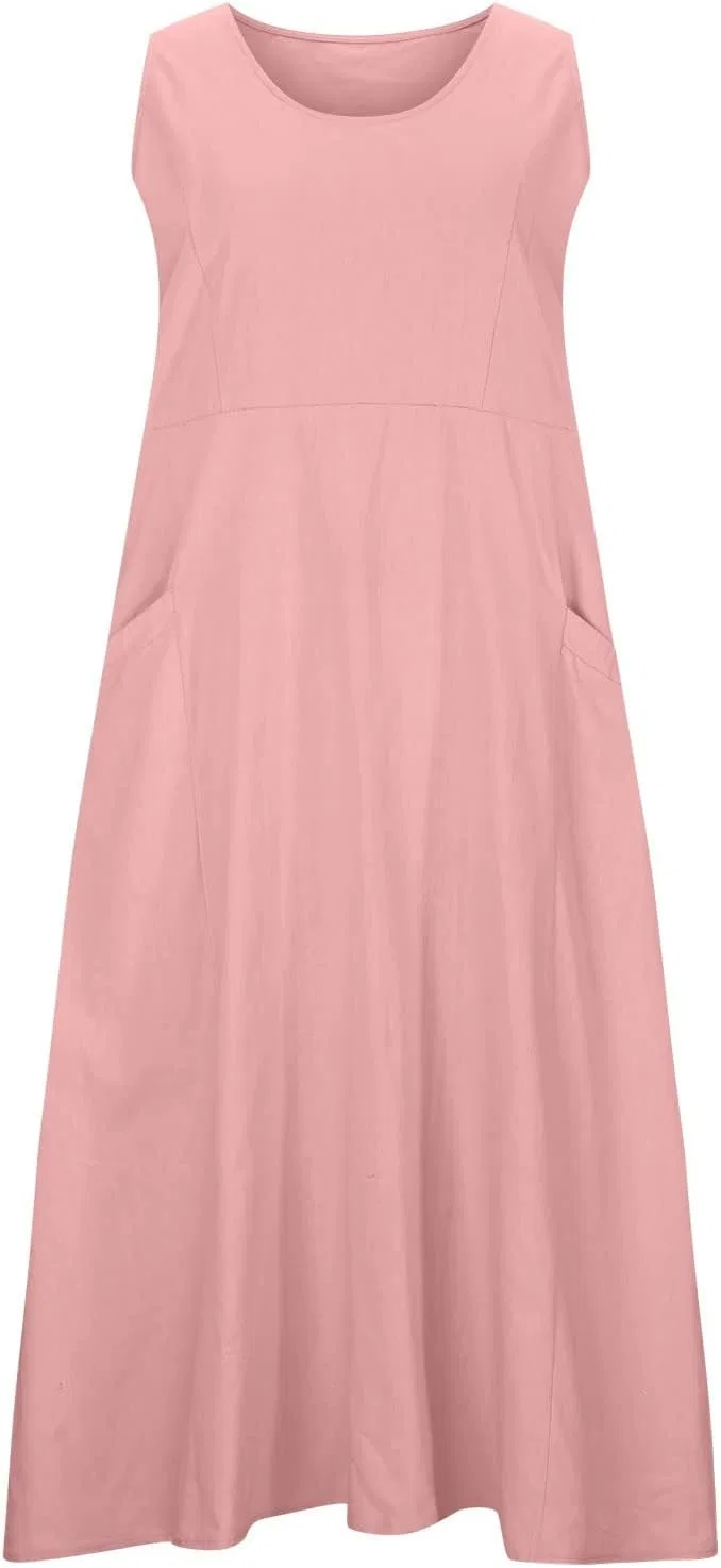 Женское свободное платье макси из хлопка и льна, Pink — фото 4