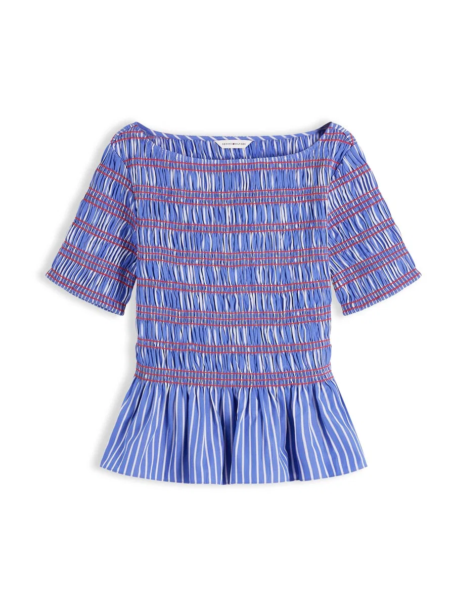 Блузка TOMMY HILFIGER 'Smock Stripe Ruffle' синего цвета