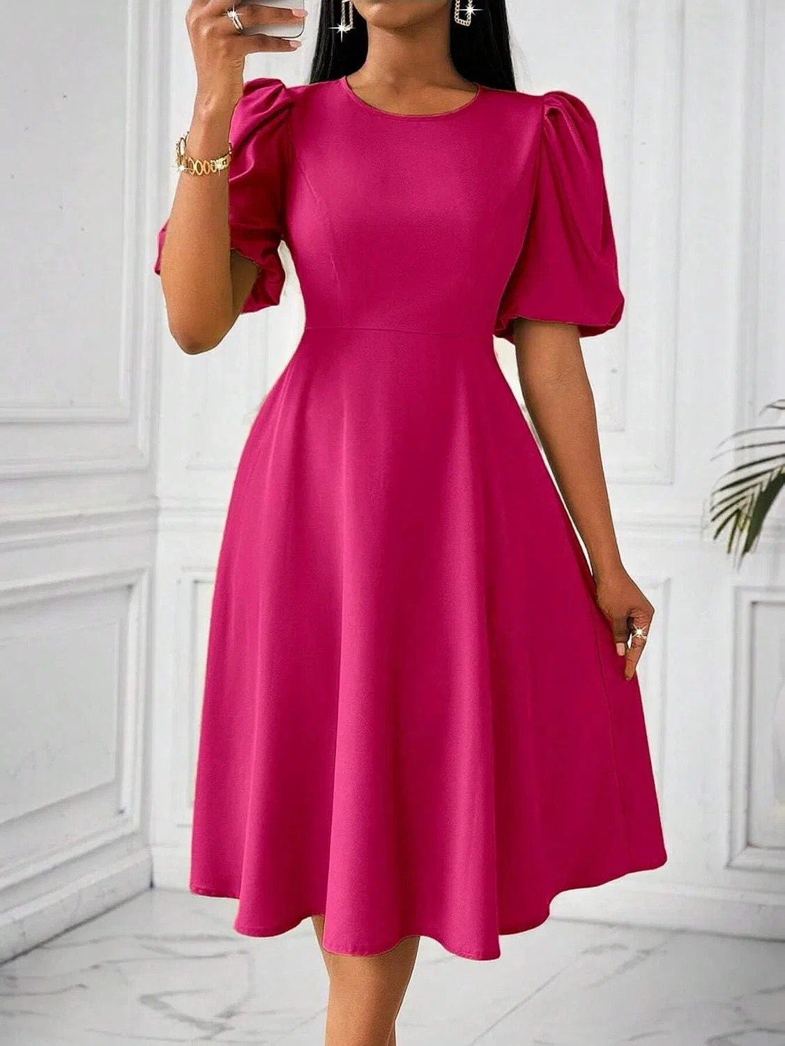 Женское платье миди с пышными рукавами A-силуэта, Hot Pink — фото 2