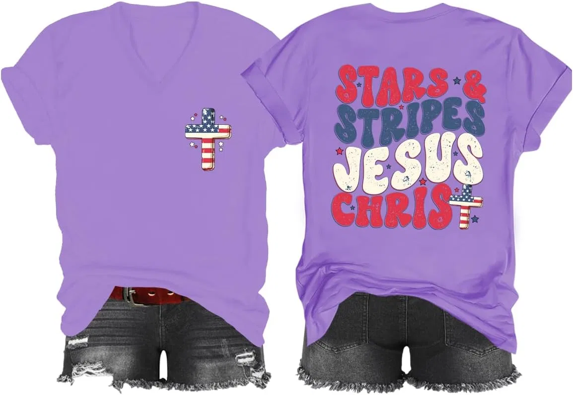 Футболка с принтом Stars & Stripes and Jesus Christ, Purple