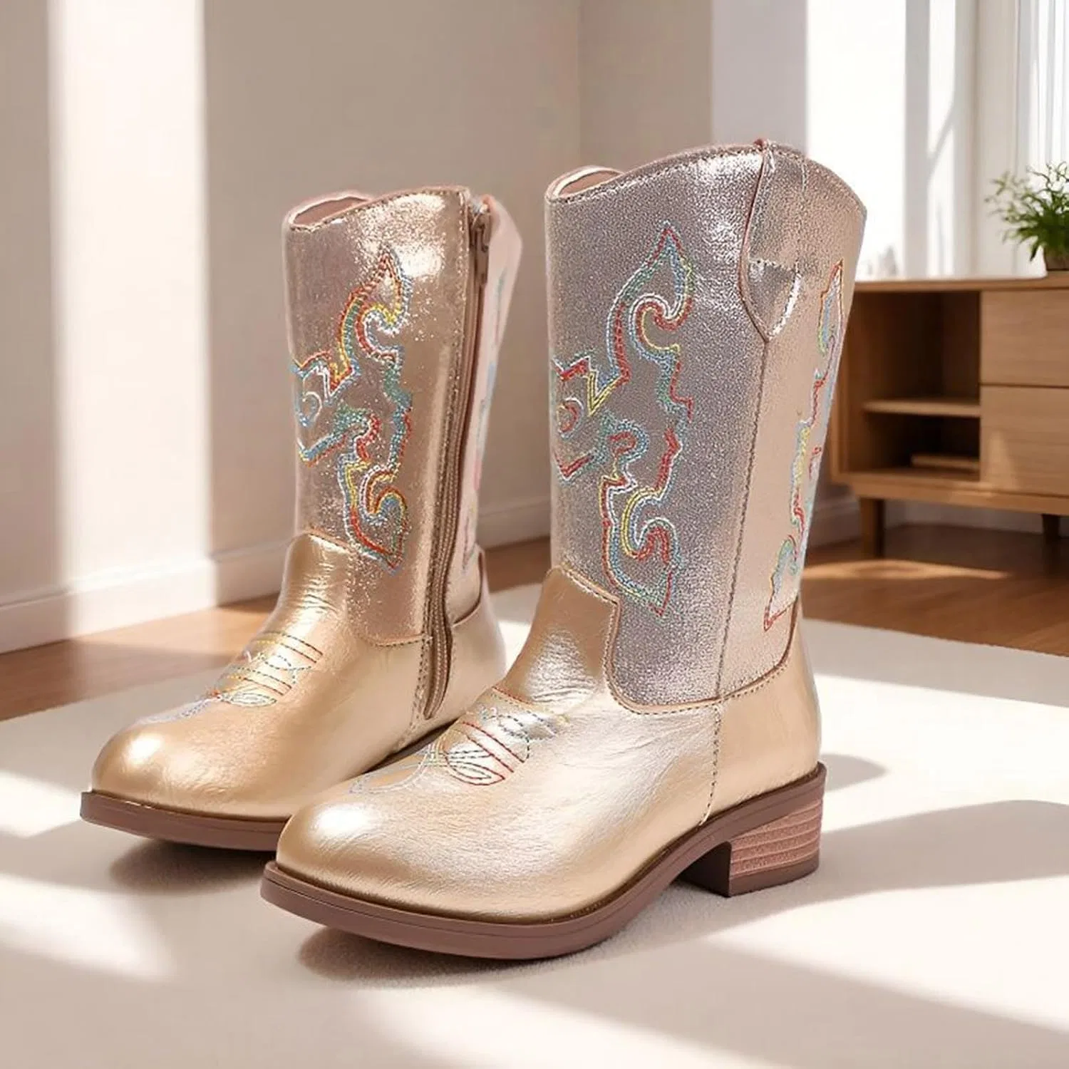 Детские сапоги для девочек с вышивкой ковбойские с боковой молнией Cowgirl Western Boots, Gold — фото 3