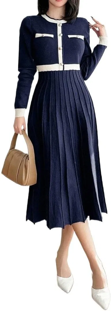 Женское платье-свитер миди с круглым вырезом, Navy Blue