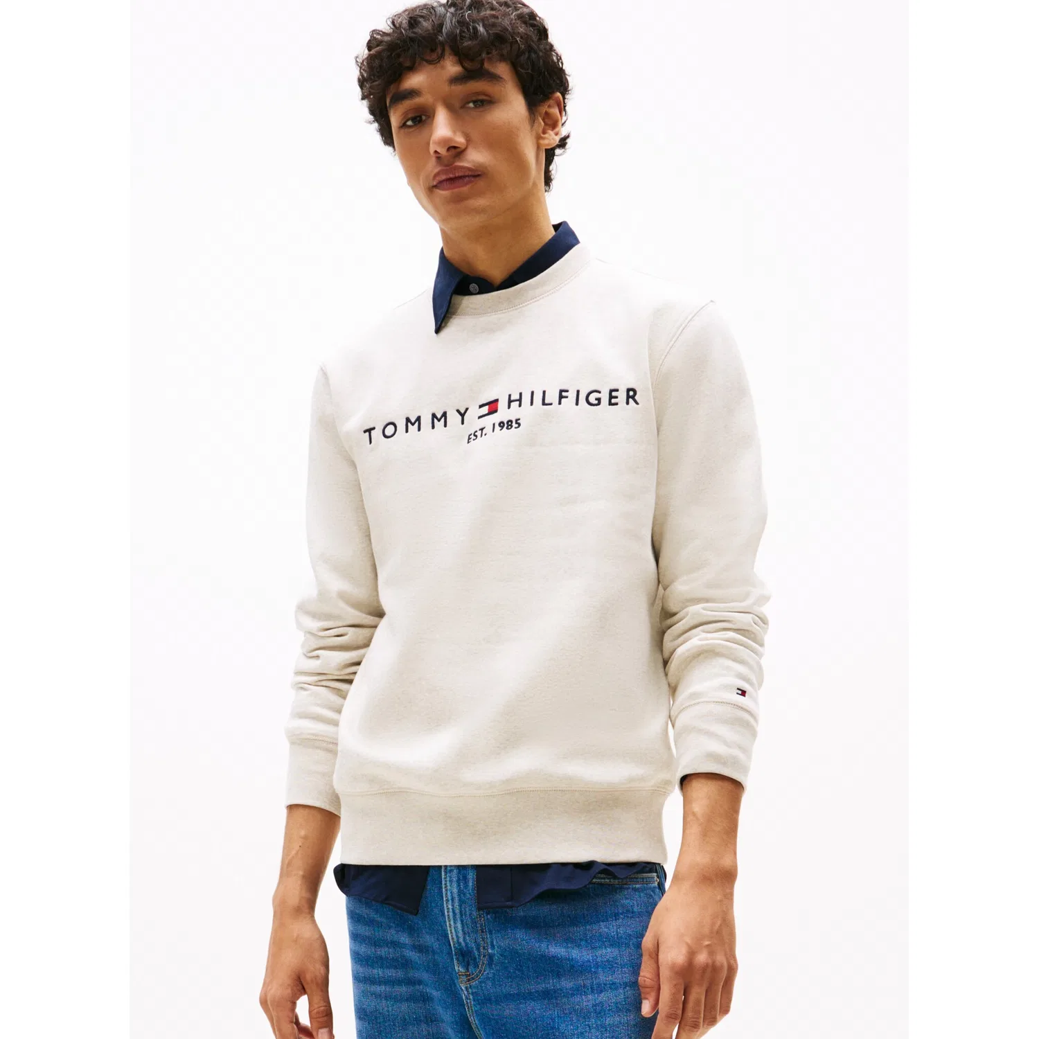 Мужской свитшот с логотипом Tommy Hilfiger, Heathered Oatmilk — фото 2