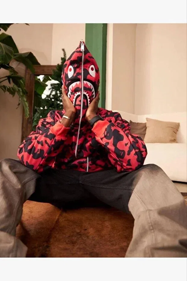Детское худи-кардиган на молнии с графическим принтом Bape pubg x shark hoodie unisex cardigan full zipper embroidered transitional Axxan, Red