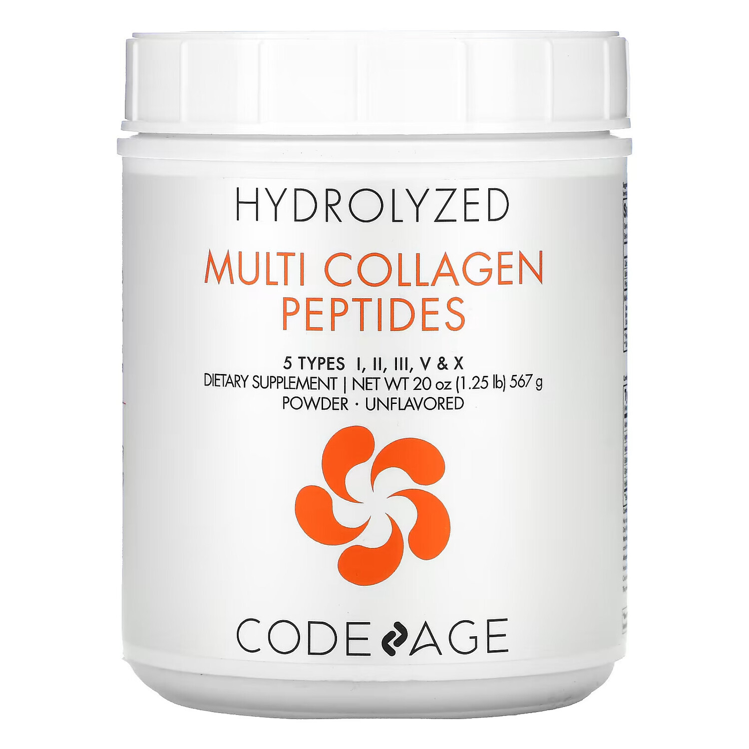 

Codeage, Hydrolyzed, мультиколлагеновые пептиды, 5 типов I, II, III, V, X, порошок, без добавок, 567 г (20 унций)