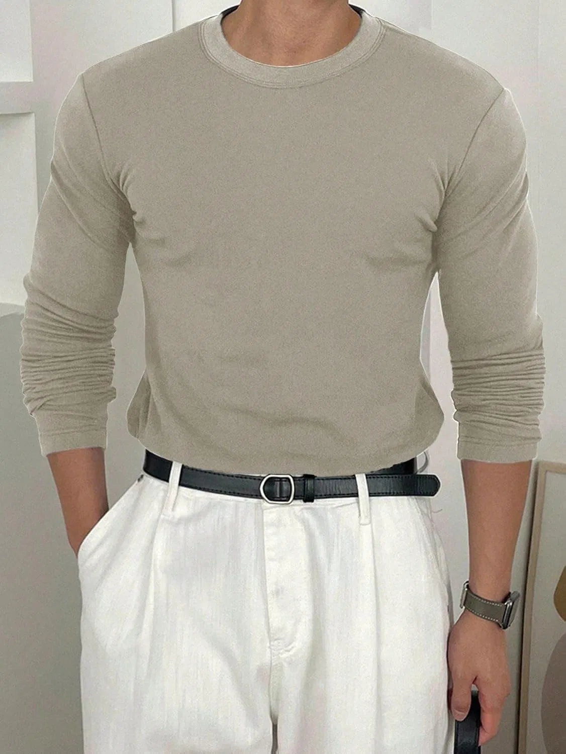 Мужская длинная футболка с круглым вырезом, Beige — фото 3