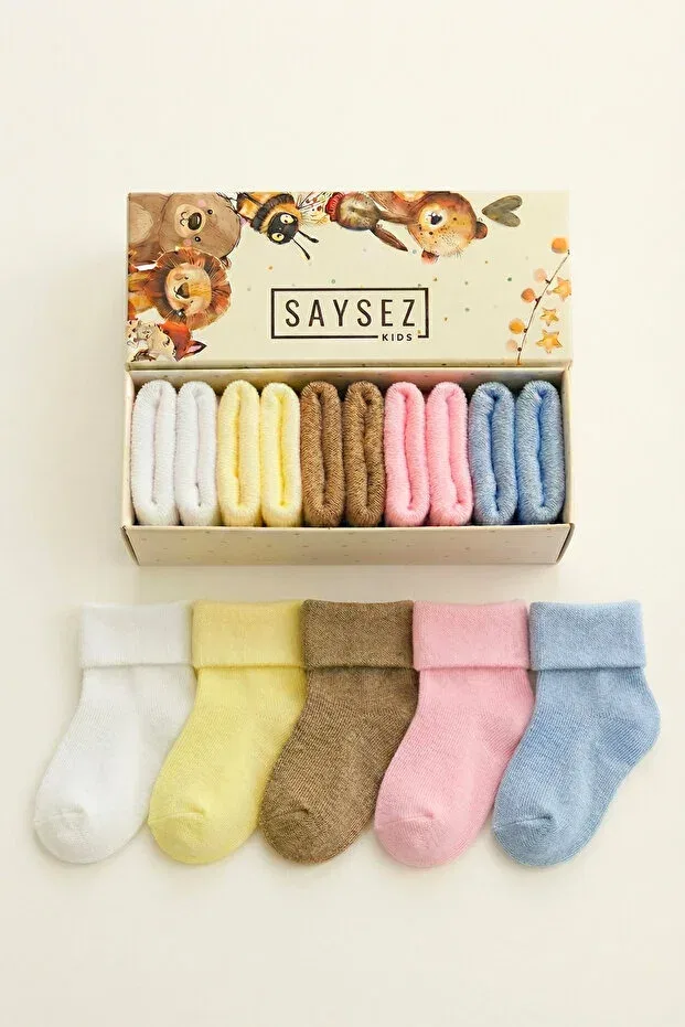 Детские носки для новорожденных хлопковые набор 5 пар Saysez, White-Yellow-Brown-Pink-Blue
