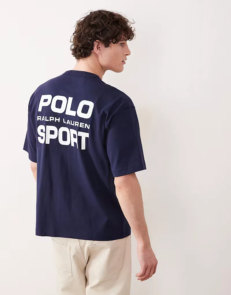 Спортивная футболка Polo Ralph Lauren свободного кроя из плотной ткани с принтом на спине, темно-синий