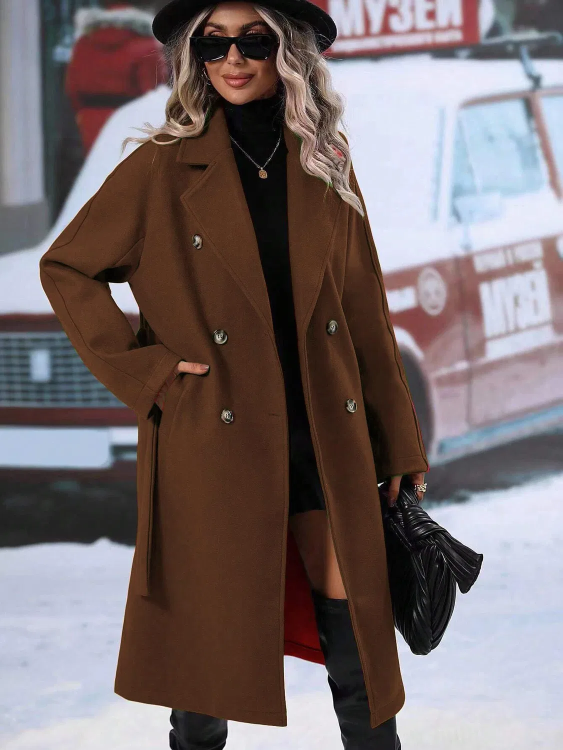 Женское длинное шерстяное пальто с лацканами и поясом, brown — фото 3