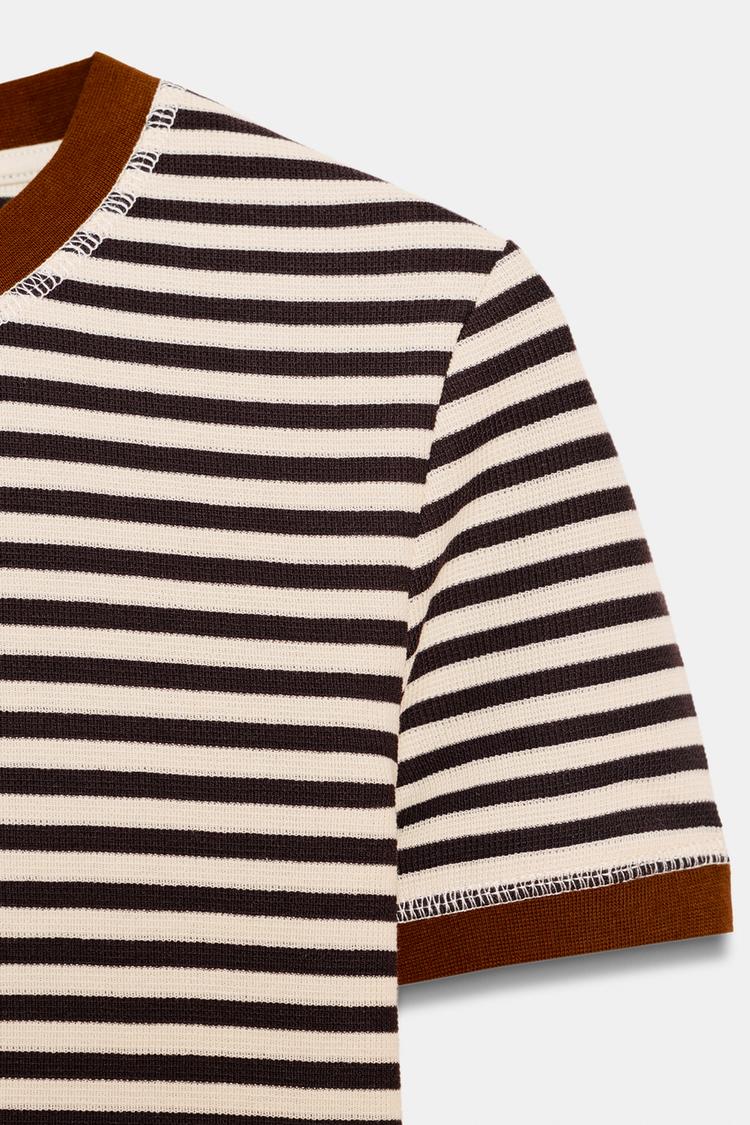 Футболка Zara Striped Short Sleeve, коричневый/белый — фото 3