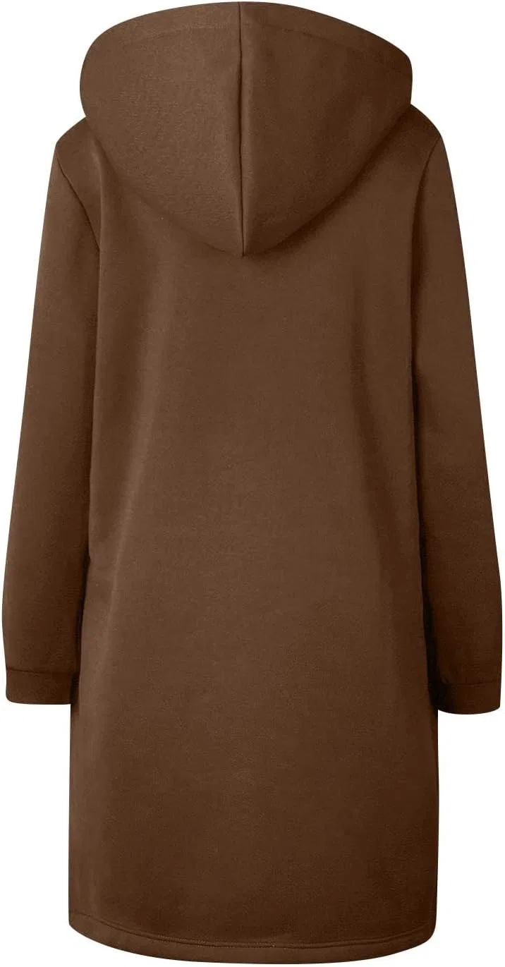 Женское удлинённое худи на молнии Oversized Tunic Hooded Sweatshirts Casual Jacket Fall Winter 2025 Coats Outwear With Pockets, коричневый — фото 4