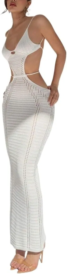 Женское длинное платье на бретелях с вырезами Knitwear, White — фото 4