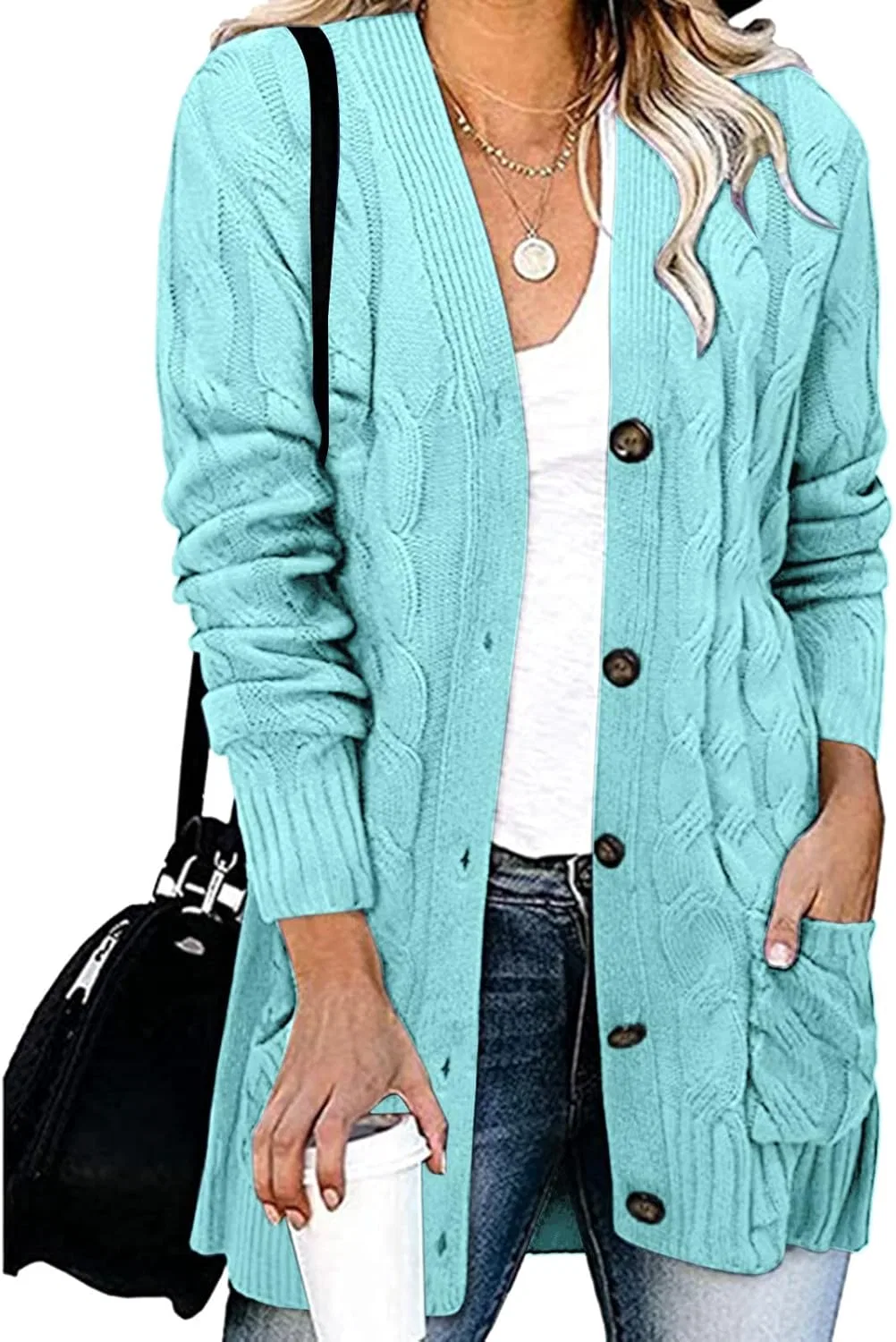 Женский кардиган с длинным рукавом Open Front Cardigan, X1-Light Blue — фото 2
