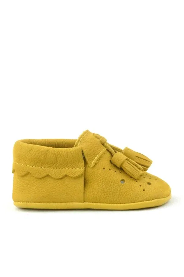 Детские ботиночки для девочек с кисточками Peppa genuine leather yellow tasseled elastic baby booties Hapshoe, Yellow — фото 4