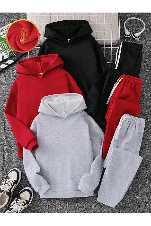 Детский спортивный комплект для девочек с капюшоном By Layina, Black-Gray-Red