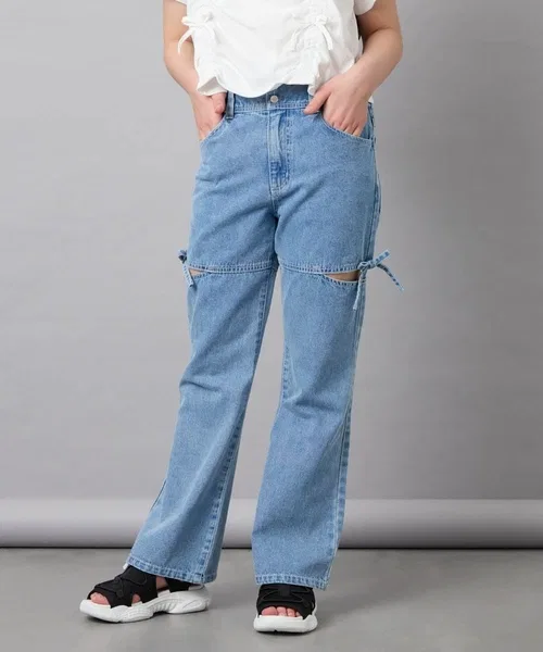Детские брюки-флейм с разрезом и бантом, модель Slit Ribbon Flare Denim, a.v.v, Dark Indigo Blue — фото 2