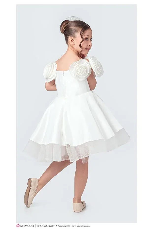 Детское платье для девочек с принтом White Dress With Roses On The Shoulders Zeya, Ecru — фото 3
