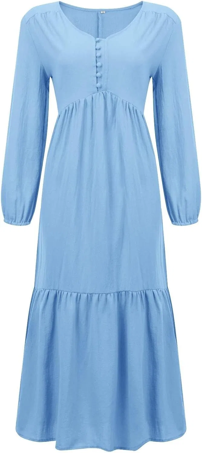 Женское платье макси из льна с V-образным вырезом, Light Blue — фото 3
